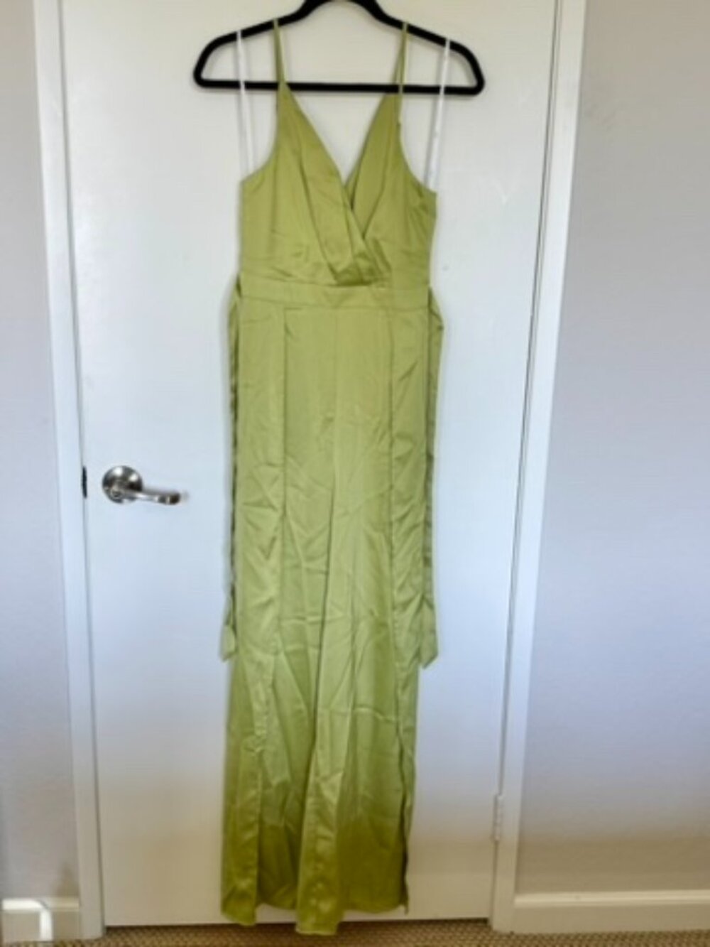Lulus Chartreuse Satin Surplice Wide-Leg Jumpsuit | Size S - Picture 5 of 7